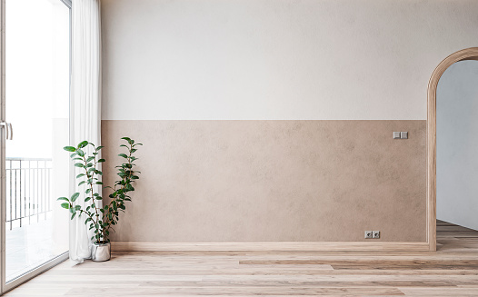Empty nostalgic retro living room with a half-white and half-beige colored wall background with copy space. A large wide window with white curtains (with a terrace/balcony view) on the side and decoration (potted plant ficus ) on the hardwood floor.  An arched hardwood doorway on one side of the room leads to another room. 3D rendered image.