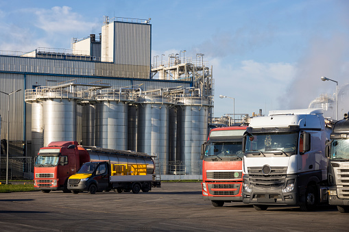 Trucks in the parking lot in front of the factory, Wroclaw, Poland