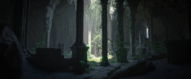 istock 3D illustration rendering. Dark old ruined sanctuary 1449339716