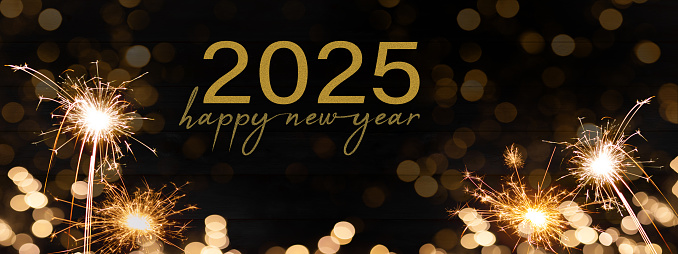 Sylvester, New Year's Eve 2025 Party, Happy New year, Fireworks, Firework background banner greeting card with text - Sparklers and bokeh lights on black wooden wall texture