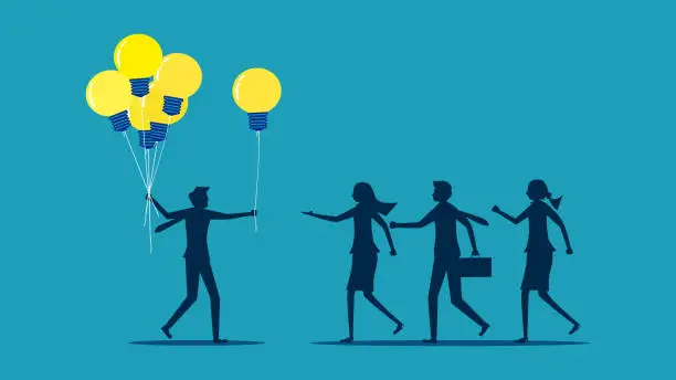 Vector illustration of Knowledge sharing. businessman boss presents light bulb balloons to employees