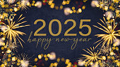 HAPPY NEW YEAR 2025 - Festive silvester New Year's Eve Party background greeting card - Golden fireworks in the dark black night.