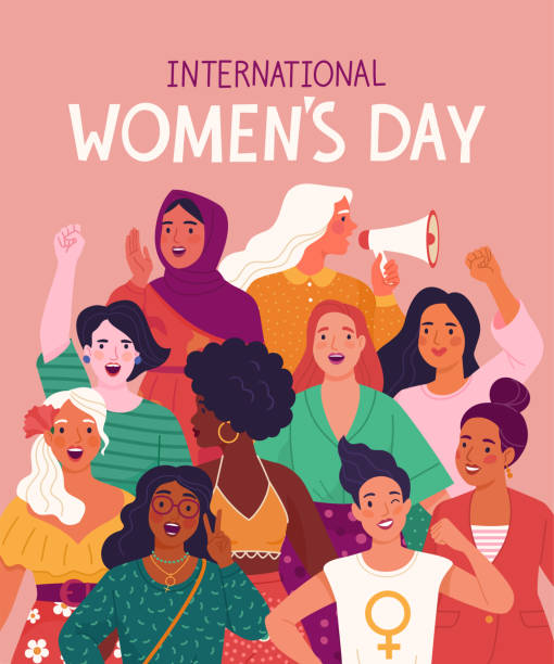 International Women's Day greeting card. Vector cartoon flat illustration of a group of diverse women protesting for their rights. Isolated on the background. woman on colored background stock illustrations