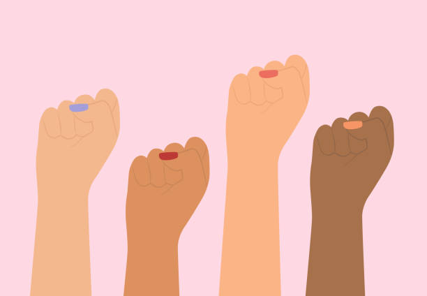 ilustraciones, imágenes clip art, dibujos animados e iconos de stock de diferentes nacionalidades de mujeres levantaron el puño. movimiento feminista, independencia, igualdad de género, protesta y empoderamiento femenino - anti sex