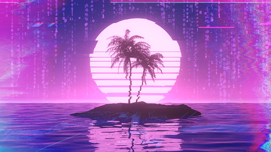 Glitch synthwave background - palm trees on lone island