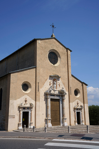 Toscolano Maderno, Italy - July 12, 2022: Historic church at Toscolano Maderno, in Brescia province, Lombardy, Italy, on the Garda lake