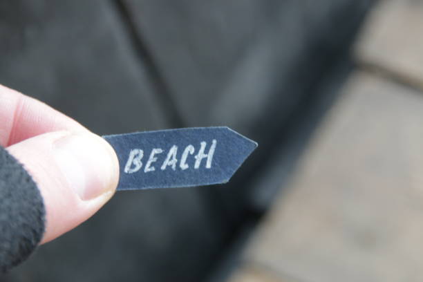 istock Beach idea. A hand holds a pointer with the inscription beach. 1449359264