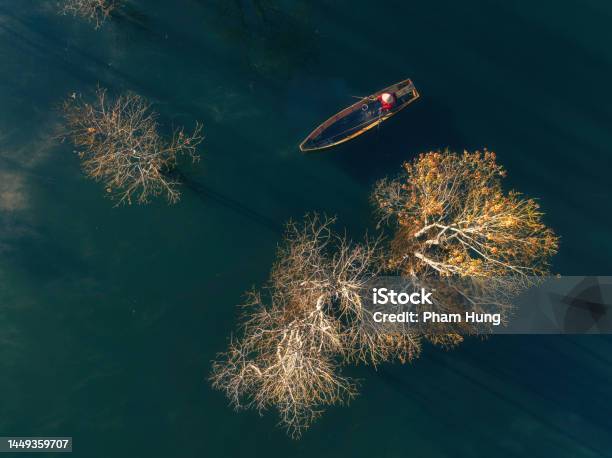 Drone View Fisherman In Tuyen Lam Lake Stock Photo - Download Image Now - Dalat, Vietnam, Awe