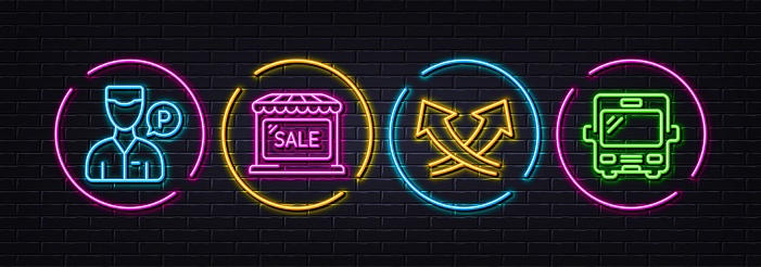 Valet servant, Market sale and Intersection arrows minimal line icons. Neon laser 3d lights. Bus icons. For web, application, printing. Parking man, Store discounts, Exchange. Vector