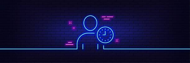 ilustrações de stock, clip art, desenhos animados e ícones de user with clock line icon. profile avatar sign. neon light glow effect. vector - clock face flash