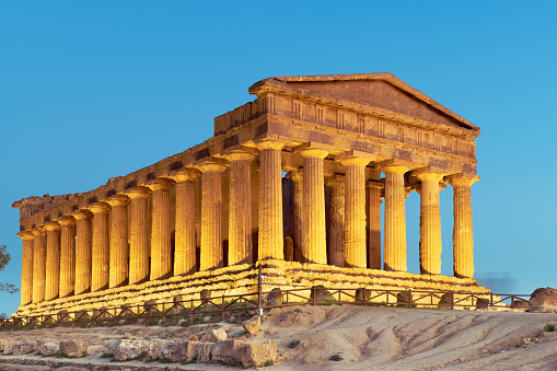Temple of Concordia in Agrigento, Sicily, Italy at twilight.