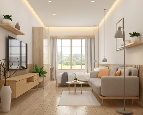 Minimalist style tiny room decorated with sofa and tv cabinet, bed and wardrobe. 3d rendering