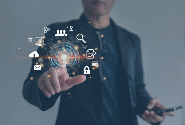 istock Businessmen use their fingers to connect global communications. 1449364205