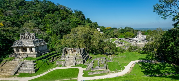 A scenic aerial view of Palenque ruins and pyramids under blue sky in Mexico
