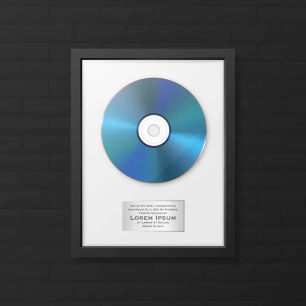 Vector illustration of Realistic Vector 3d Blue CD, Label with Black CD Cover Frame on Black Brick Wall. Single Album Compact Disc Award, Limited Edition. CD Design Template