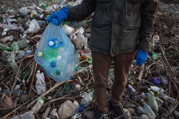 istock Process of cleaning stone beach from plastic waste. Man holds plastic bottles in trash bag. Environmental pollution concept 1449366397