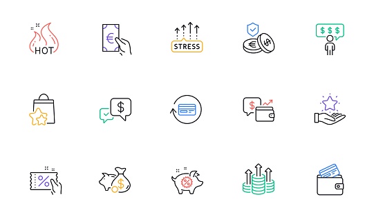 Piggy sale, Payment received and Loyalty program line icons for website, printing. Collection of Loyalty points, Budget, Stress grows icons. Employee benefits, Wallet, Debit card web elements. Vector