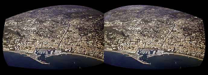Stereoscopic, 3D, VR view from an airplane of the French Riviera city of Nice , France.