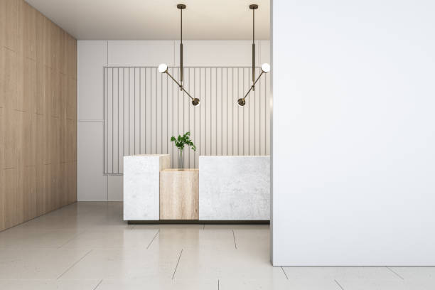 istock Front view on blank light grey wall with space for advertisement in sunlit stylish reception area with marble desk, modern lamps on ceiling and wooden wall decoration background. 3D rendering, mockup 1449369600