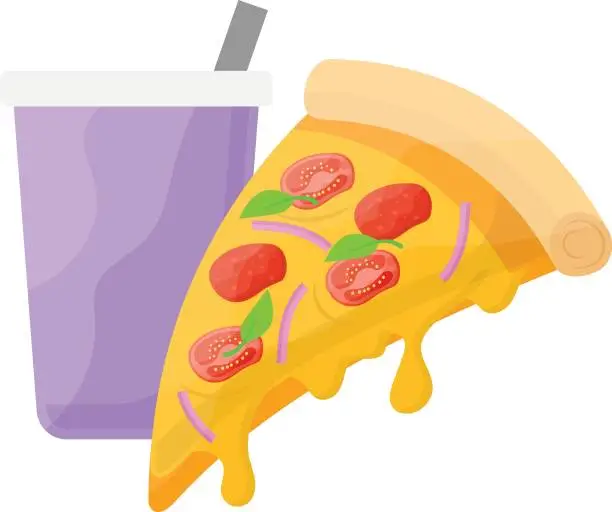 Vector illustration of Pizza Slice with Melting Cheese concept,  hot and freshly baked pizzeria piece vector icon design, Fast Food symbol, Junk food sign, popular inexpensive good taste snacks stock illustration