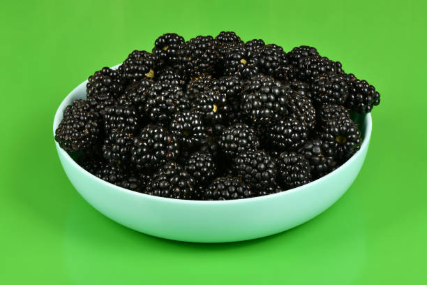 Fresh blackberry in plactic bowl, isolated on geen background. High resolution photo. Full depth of field.