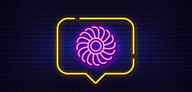 Fan engine line icon. Jet turbine sign. Neon light speech bubble. Vector Neon light speech bubble. Fan engine line icon. Jet turbine sign. Ventilator symbol. Neon light background. Fan engine glow line. Brick wall banner. Vector ventilator background stock illustrations