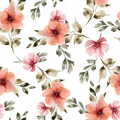 istock Seamless pattern with watercolor pink flowers and leaves, hand painted. 1449374488
