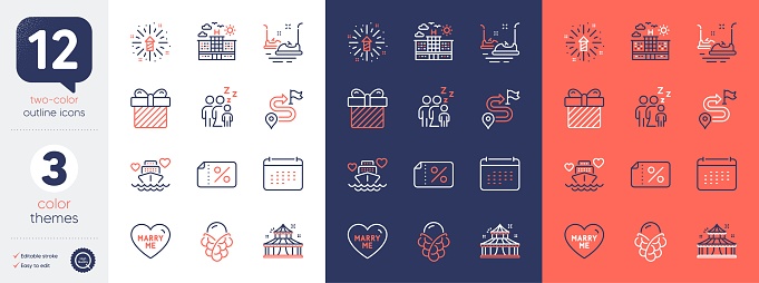 Set of Bumper cars, Calendar and Fireworks explosion line icons. Include Marry me, Ice cream, Circus icons. Surprise, Discount banner, Hotel web elements. Journey, Honeymoon cruise, Sleep. Vector