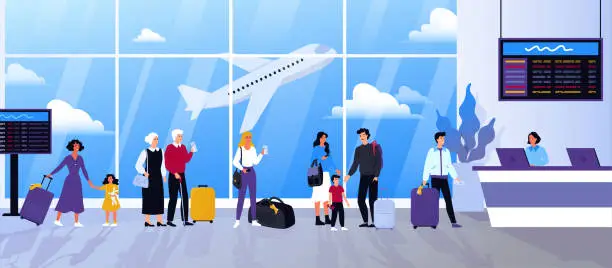 Vector illustration of Queue in the airport. People standing in line to board the plane. Counter desk. Emigration, tourism, vocation. Passengers with passports and baggage weighting for the fright. Banner. Flat vector illustration.