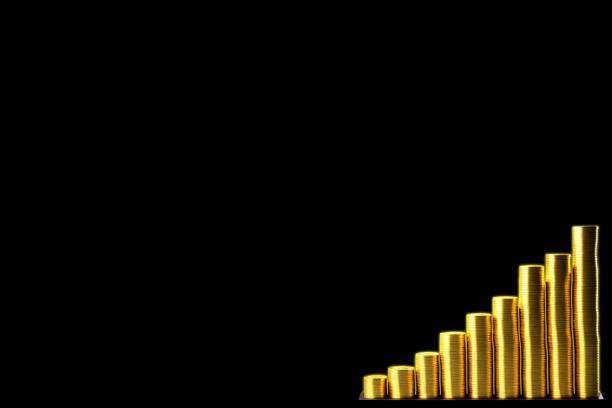 The golden coins stacked in ascending scale isolated on a black background with copy space.
