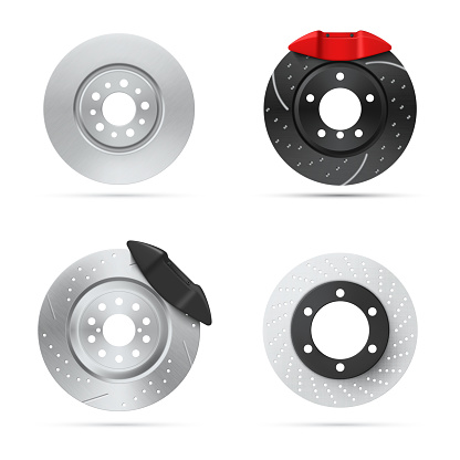 Brake discs automobile transportation round metallic wheel set realistic vector illustration