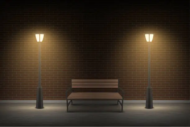Vector illustration of Street bench night with two lantern outdoor building brick wall at darkness realistic vector