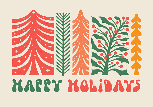 Groovy retro styled Christmas holidays card with various Christmas trees. Editable vectors on layers.