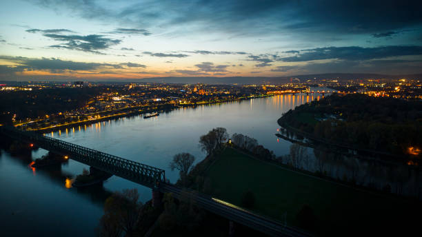 istock Cityscape and river at dusk - aerial view 1449380397