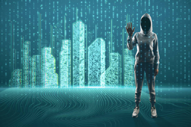istock Anonymous, cyber security and virtual reality concept with faceless human in hoodie touching digital transparent screen on metaverse city technological background 1449381085