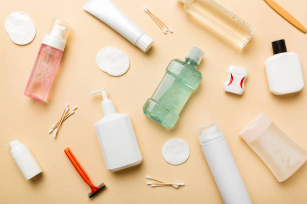 istock Mockup for bathing products top view flat lay, spa razor, toothpaste, soap, gel and other various accessories. Cosmetics for skin health. Bath Mockup for your logo 1449382803