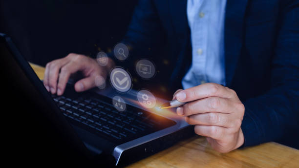 istock Quality management with Quality assurance or QA and Quality control or QC and improvement. Standardization and certification concept. compliance to regulations and standards. concept with manager. 1449383894