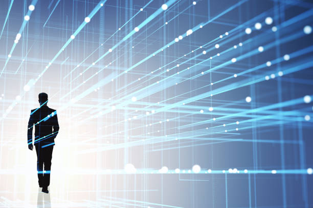 istock Man walking on creative linear matrix hologram blurry background. Metaverse, vr and futuristic technology concept. Double exposure. 1449384562