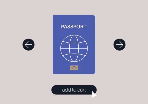 Vector illustration of Add a passport to cart, buy a nationality concept