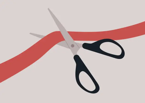 Vector illustration of Official opening ceremony, scissors cutting a red satin ribbon