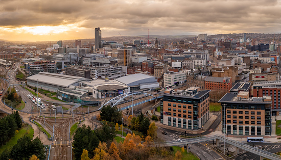 Sheffield, UK - December 6, 2022.  An aerial panorama of Sheffield city centre with Ponds Forge International Sports Centre and swimming pool prominent
