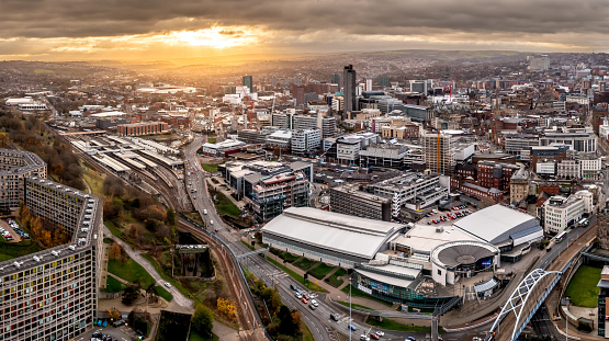 Sheffield, UK - December 6, 2022.  An aerial panorama view from The park Hill Housing Development of Sheffield city centre with Ponds Forge International Sports Centre and swimming pool prominent