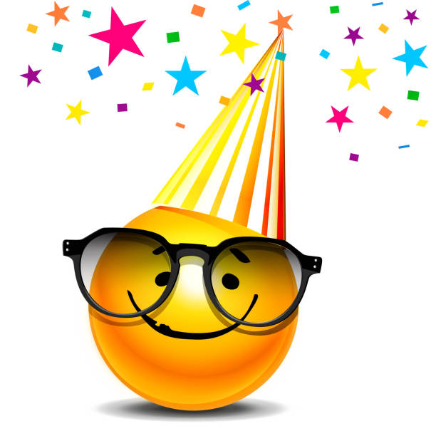 Birthday celebration concept in cartoon style. Anthropomorphic smiley in a cap on an isolated white background with confetti. Graphic vector illustration in EPS 10 format. red spectacles stock illustrations