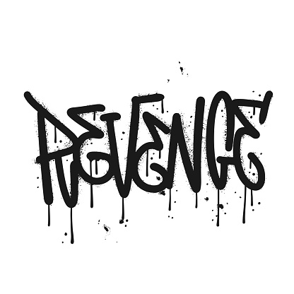 Revenge - y2k lettering in urban graffiti style, textured typographic unique logo. Drops of sprayed words isolated on white background. Textured vector illustration.