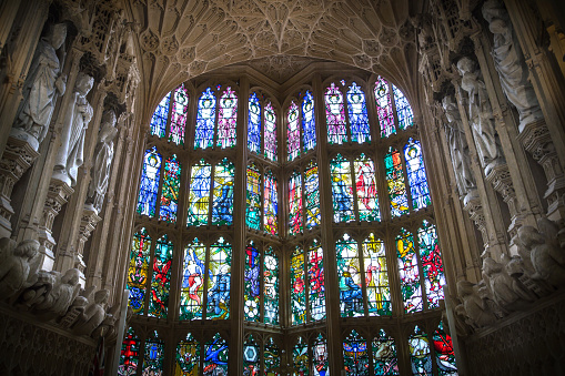London, UK - November 27, 2022: Stained glass windows Henry VII Lady Chapel interior, Westminster. Burial place of fifteen kings and queens Stuard's dynasty