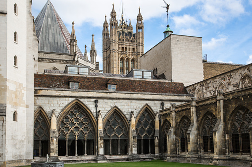 London, UK - November 27, 2022: Galleries and  arch windows to the inner yard of of the Collegiate Church of St Peter  Westminster Abbey
