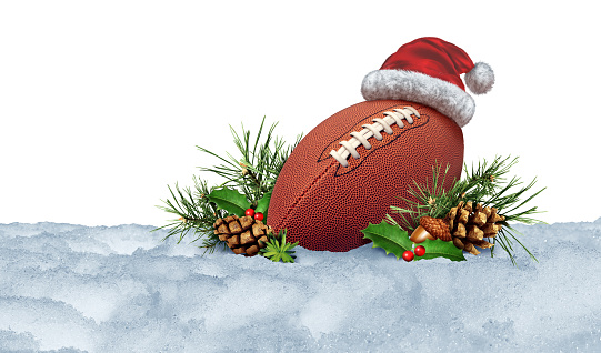Winter Football and Christmas holiday sports as an American sport during the cold season or field goal and touchdown on a field with snow and pine cones as a concept for a team sport competition with 3D illustration elements.