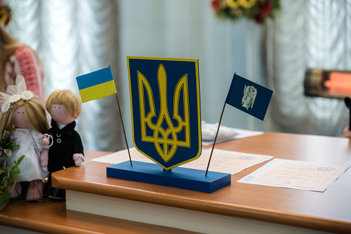 Ukrainian flag and coat of arms with fabric with texture of pixeled camouflage. Cloth with camo pattern in grey and green pixel shapes with Ukrainian trident sign close up. in the registry office