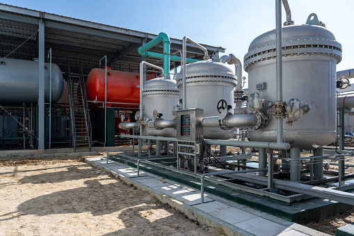 External infrastructure of the microclimate support system at a large industrial site. Air pipelines inlet and exhaust. Fans and air conditioning. Systems of control of pressure, humidity, temperature