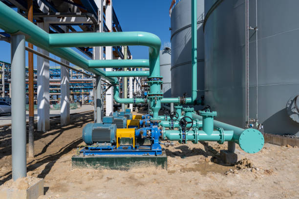 Industrial equipment. Detail of new blue electric motors with pumps on the stainless steel production line. Industrial background. Additive pump station in petrochemical technology. Industrial area.